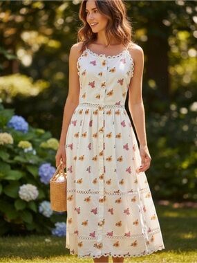 FARM Rio Anthropologie White Floral Needlepoint Midi Dress